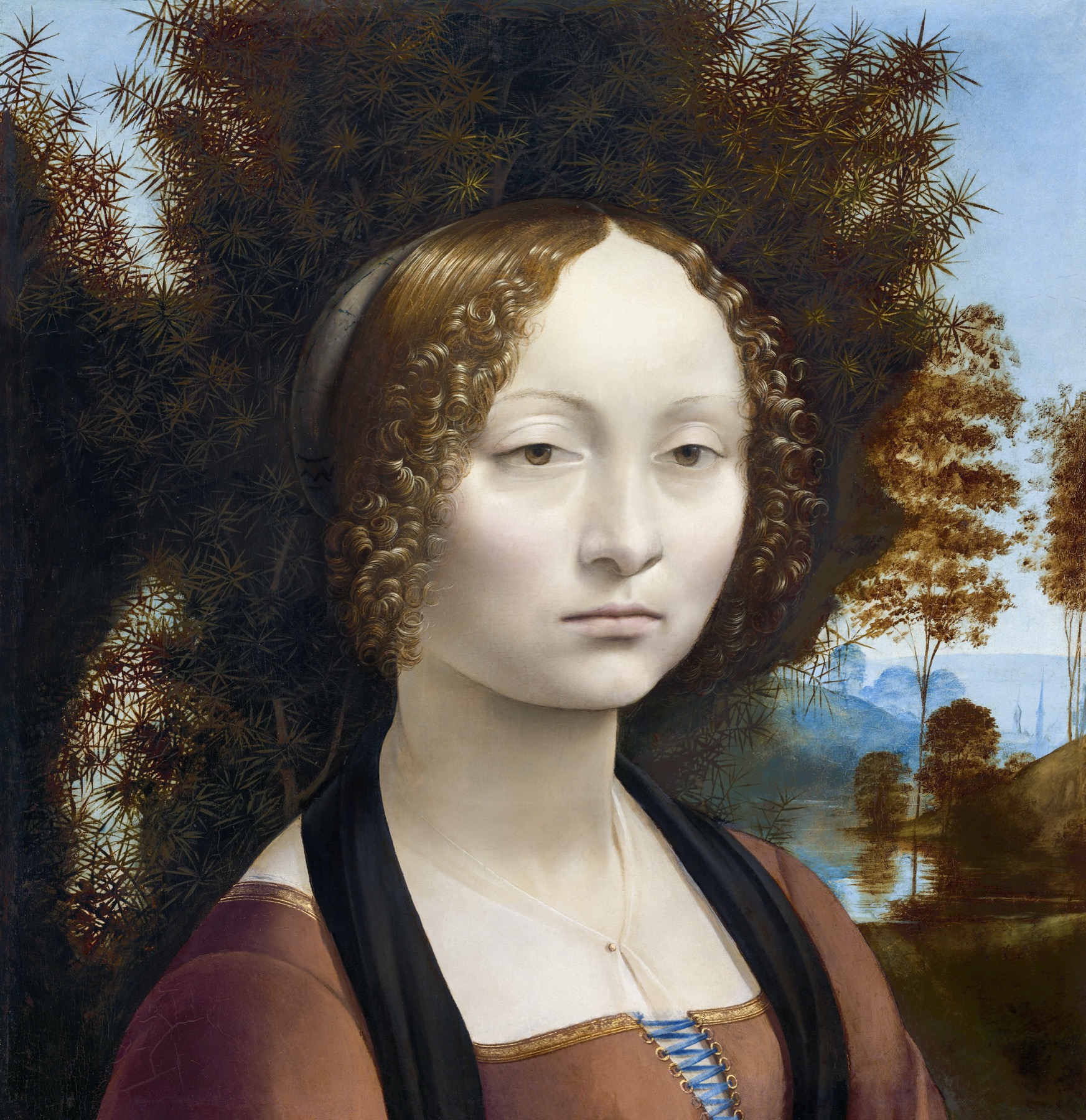 Erläuterte Details aus Leonardo da Vincis Porträt Ginevra de’ Benci